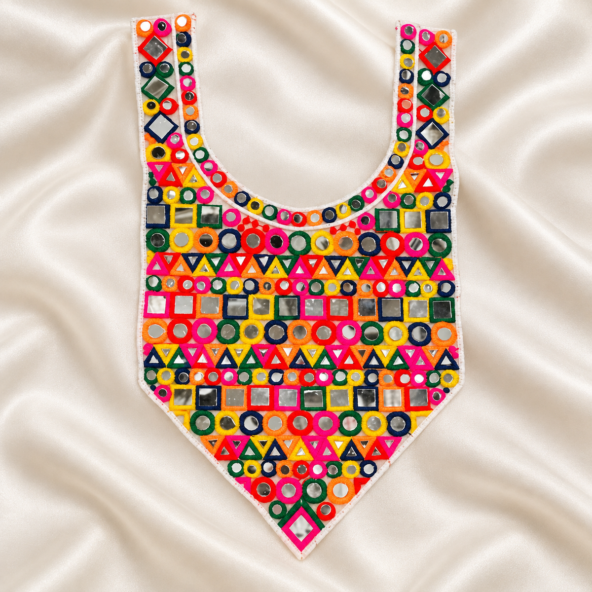 Geometric Embroidered Neck Patch with Mirror Work & Tassel Fringe for Ethnic Wear