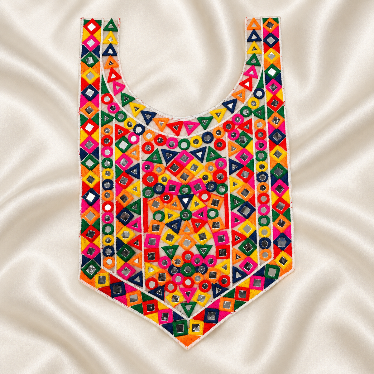 Geometric Embroidered Neck Patch with Mirror Work & Tassel Fringe for Ethnic Wear