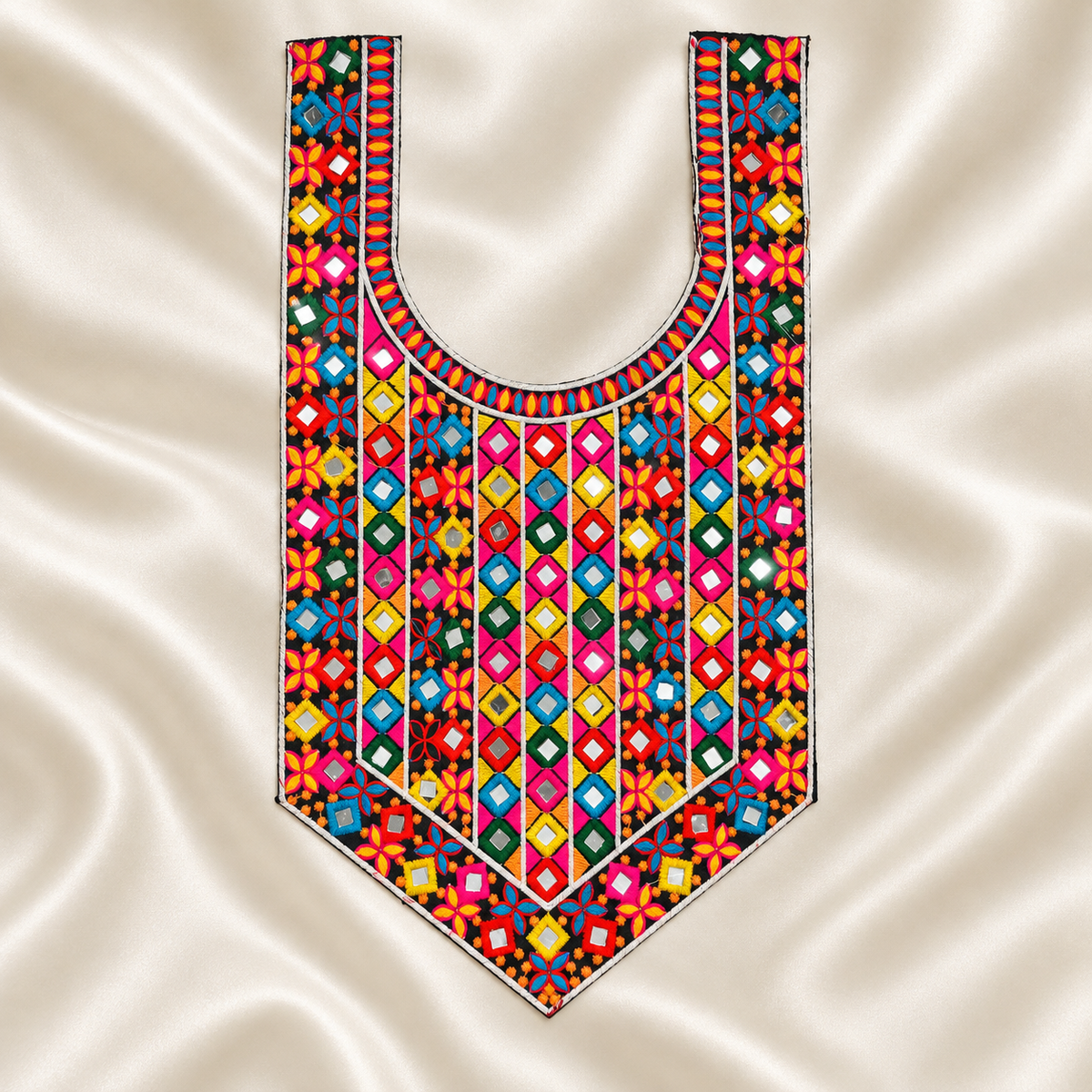 Geometric Embroidered Neck Patch with Mirror Work & Tassel Fringe for Ethnic Wear