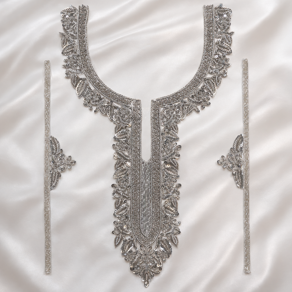 Silver Handcrafted Neckline Embroidery