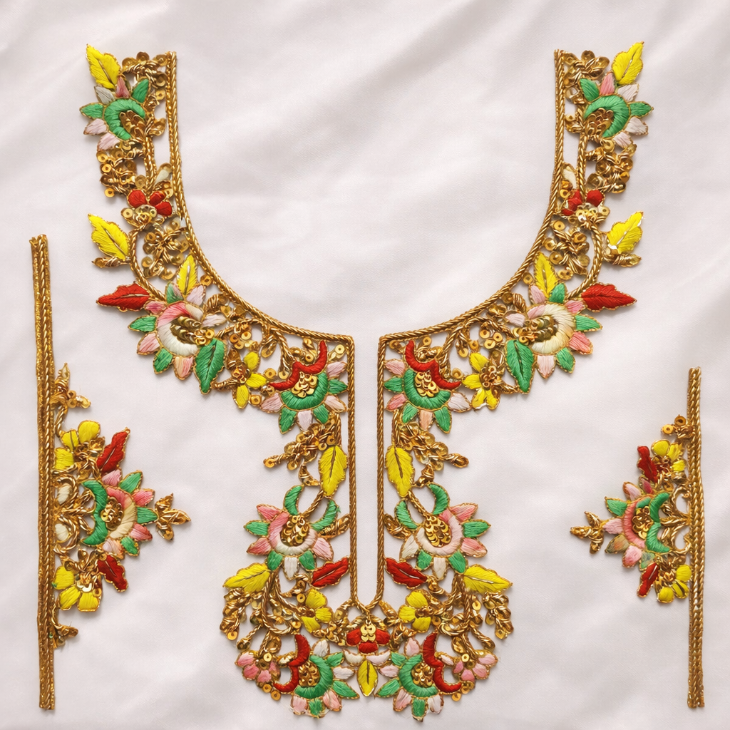 Handcrafted Pastel Multicolor Floral Zardozi Neck Patch