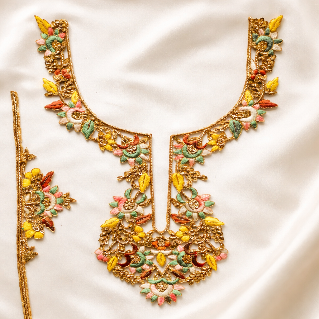 Handcrafted Pastel Multicolor Floral Zardozi Neck Patch