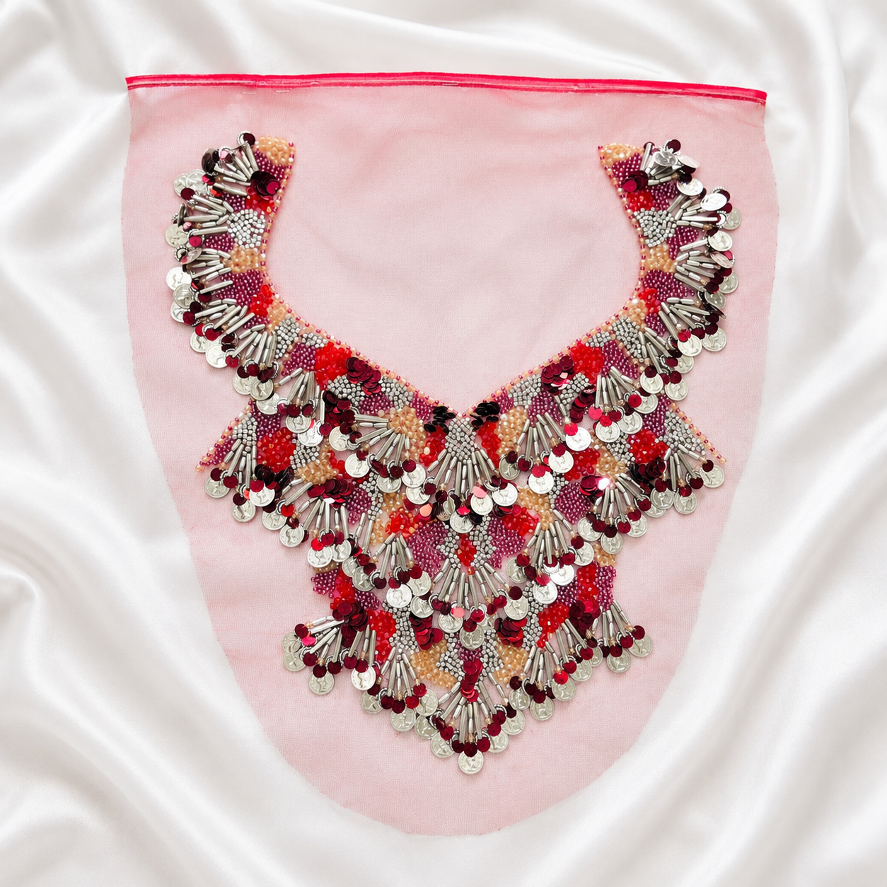 Embellished Sequin, Bead & Metallic Fringe Neckline Patch for Designer Wear