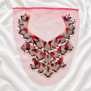Embellished Sequin, Bead & Metallic Fringe Neckline Patch for Designer Wear