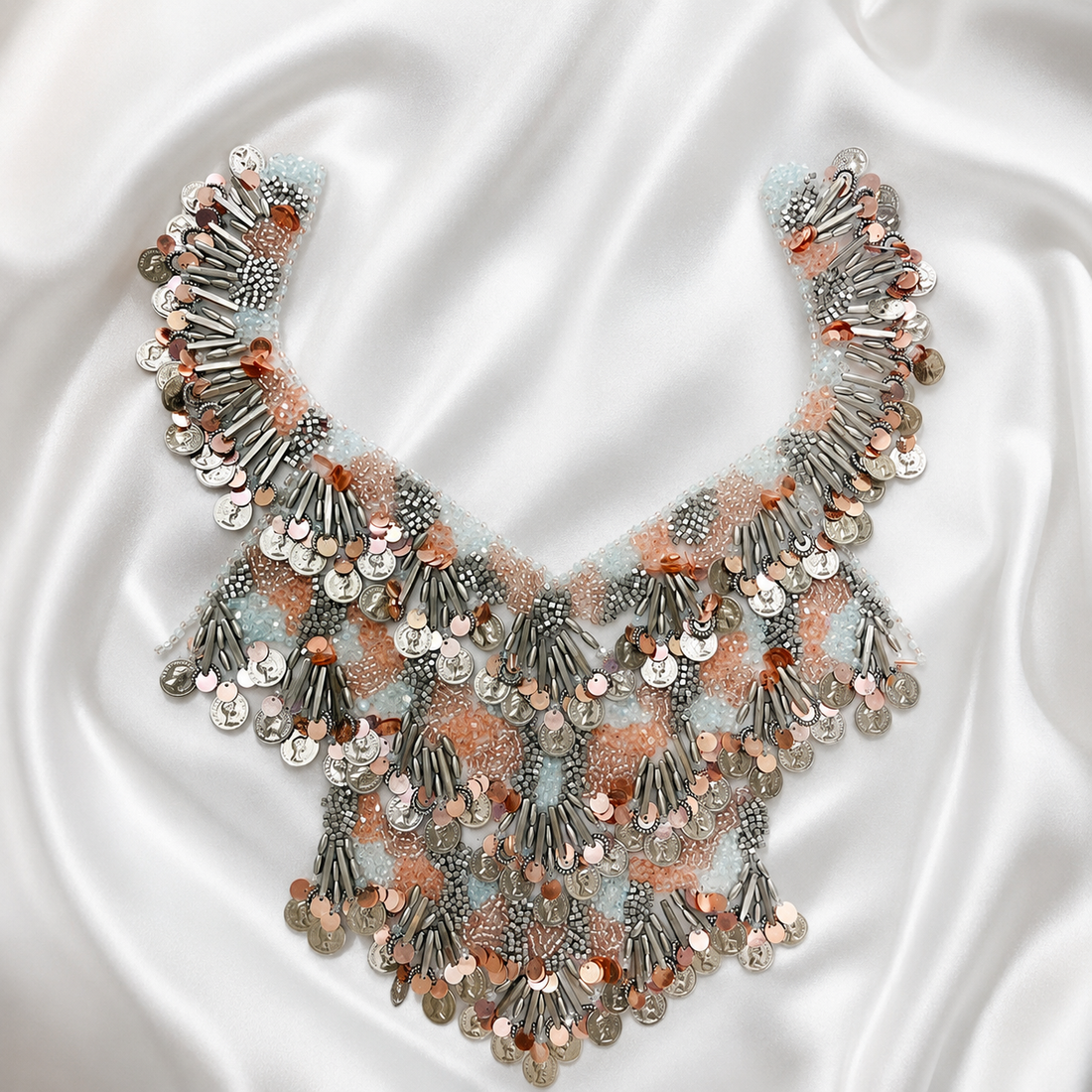 Embellished Sequin, Bead & Metallic Fringe Neckline Patch for Designer Wear