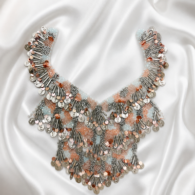 Embellished Sequin, Bead & Metallic Fringe Neckline Patch for Designer Wear hover