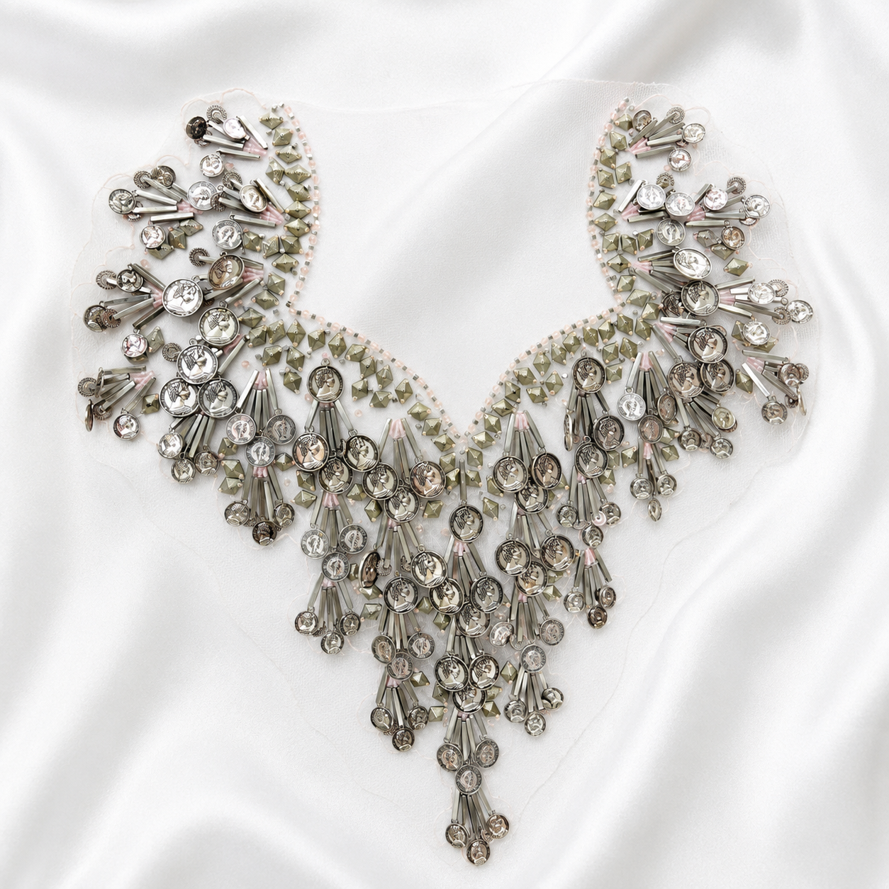 Metallic Coin & Tube Bead Embellished Neckline Patch for Designer Wear