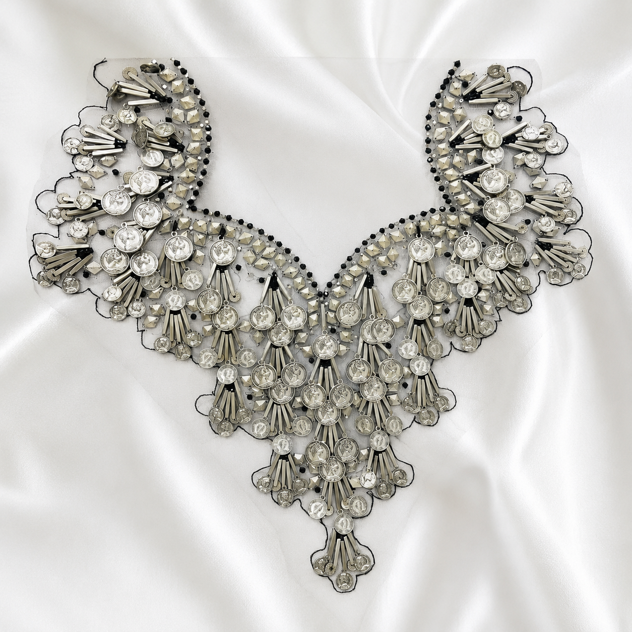 Metallic Coin & Tube Bead Embellished Neckline Patch for Designer Wear