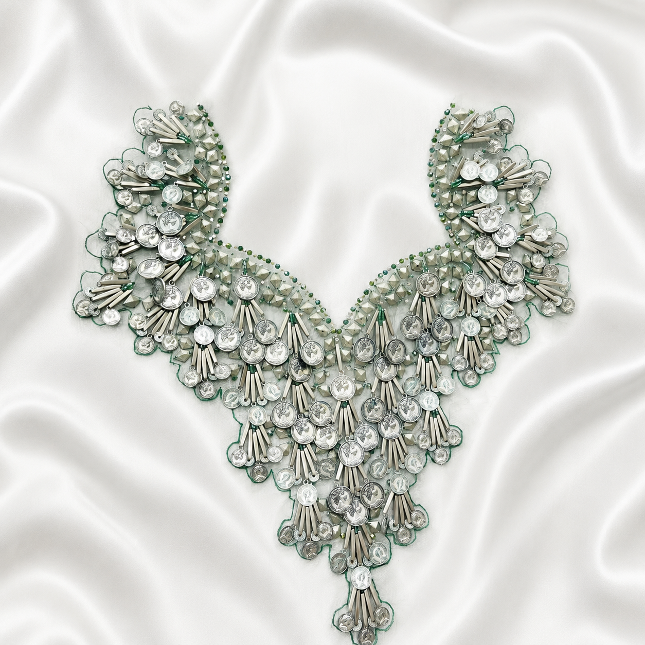 Metallic Coin & Tube Bead Embellished Neckline Patch for Designer Wear