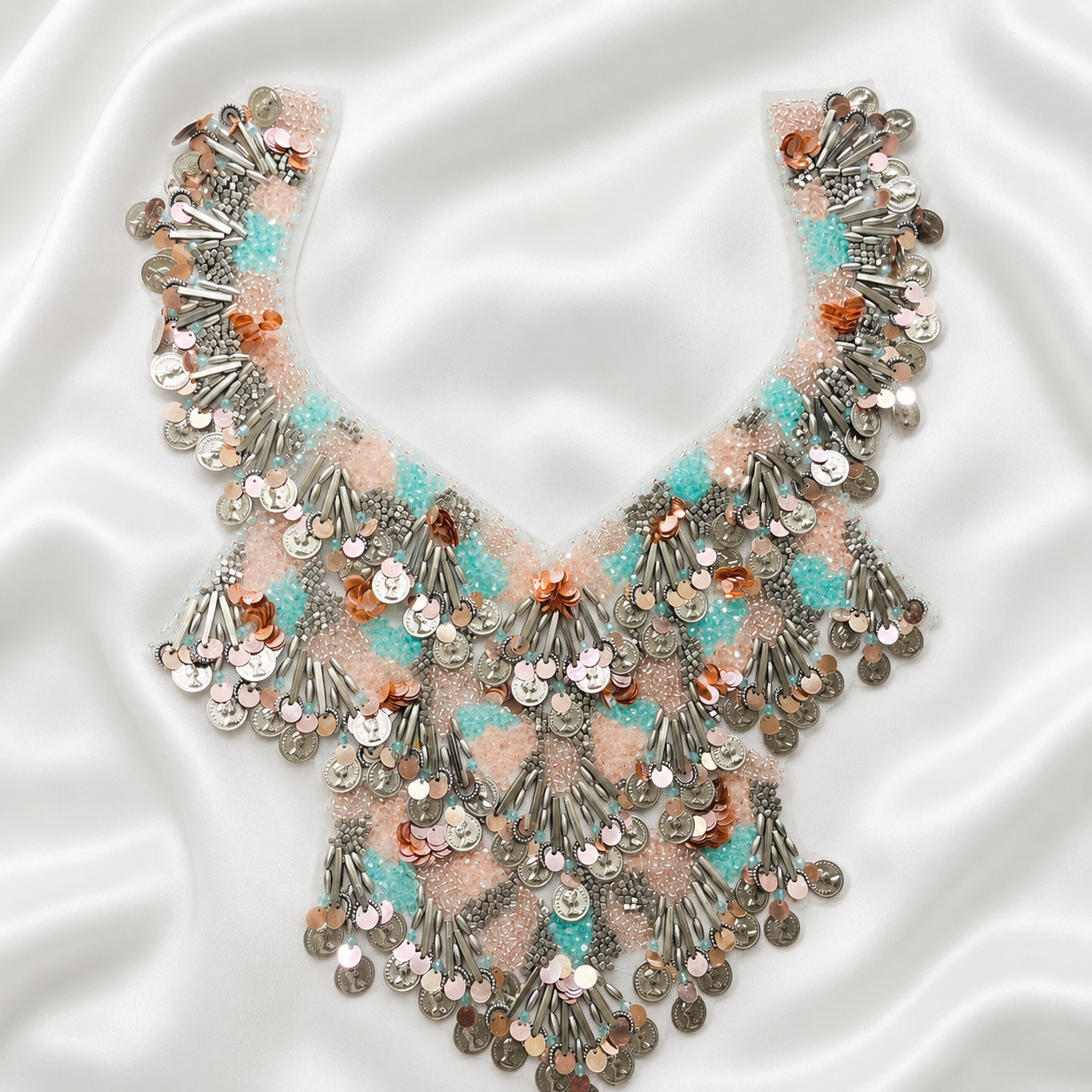 Embellished Sequin, Bead & Metallic Fringe Neckline Patch for Designer Wear
