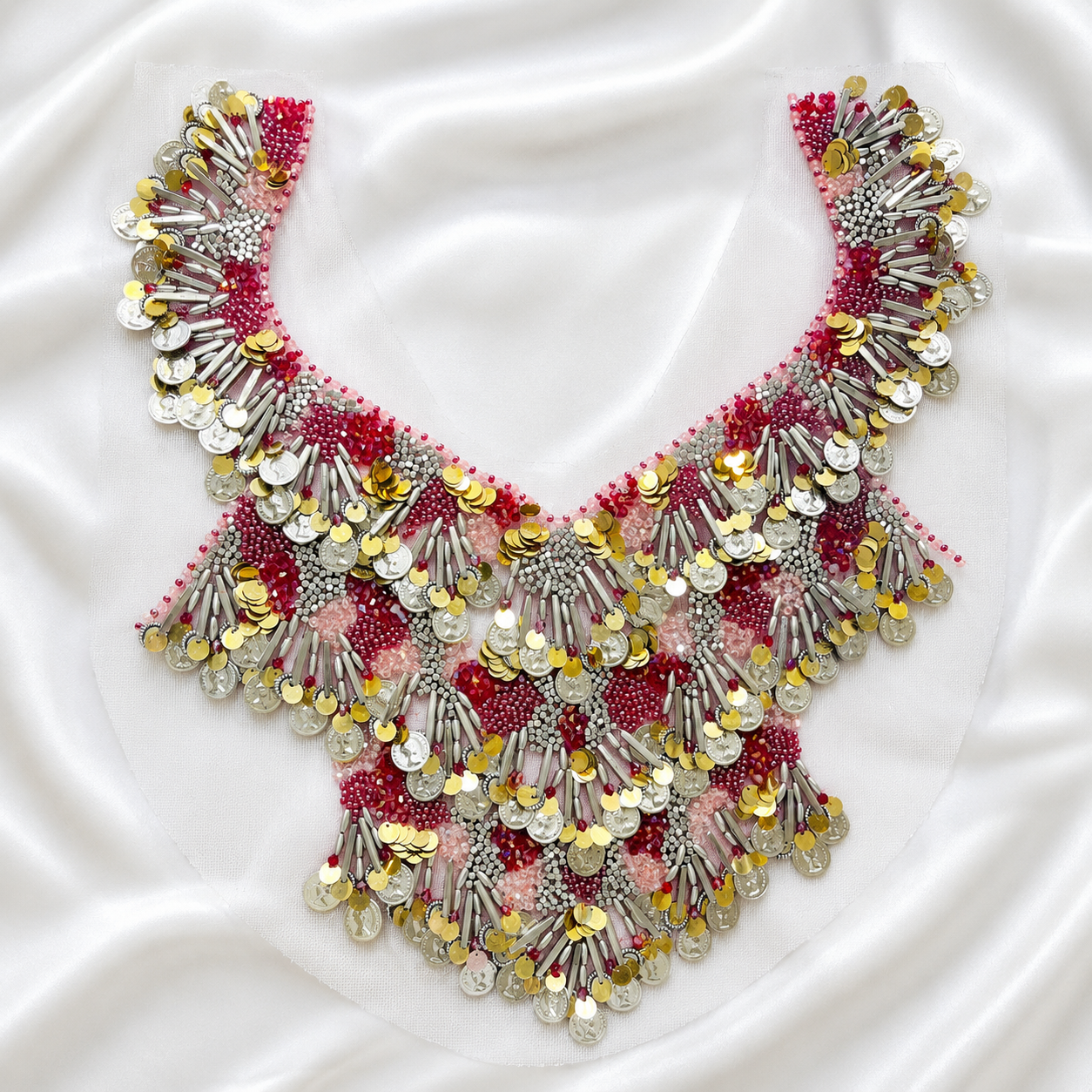 Embellished Sequin, Bead & Metallic Fringe Neckline Patch for Designer Wear
