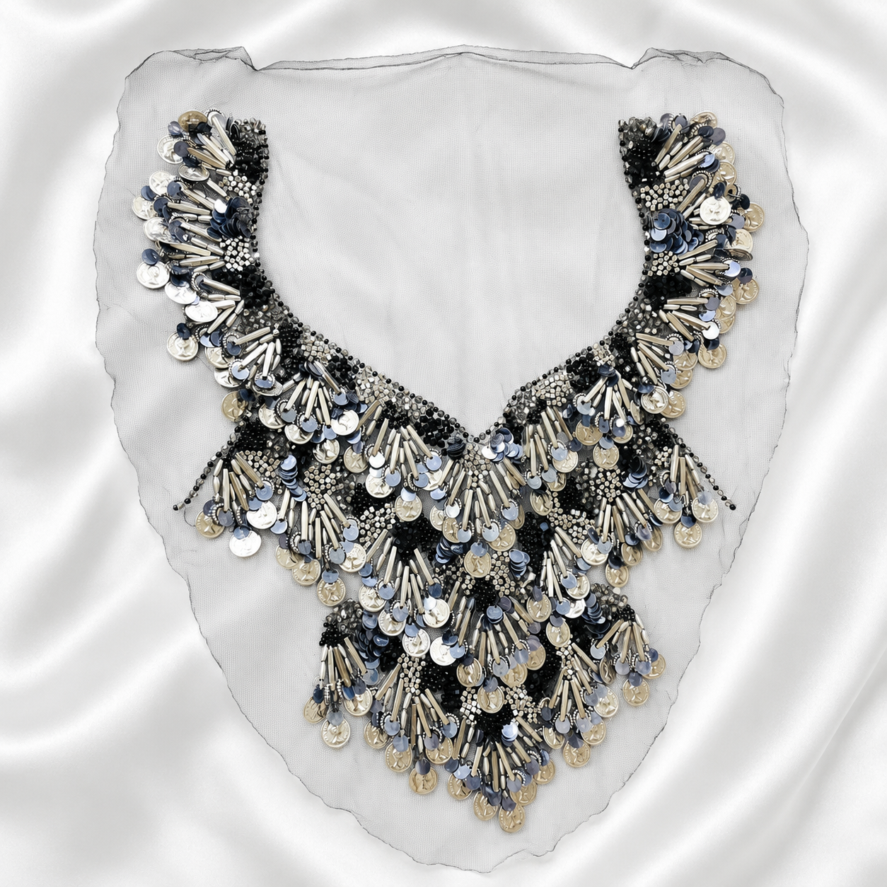 Embellished Sequin, Bead & Metallic Fringe Neckline Patch for Designer Wear