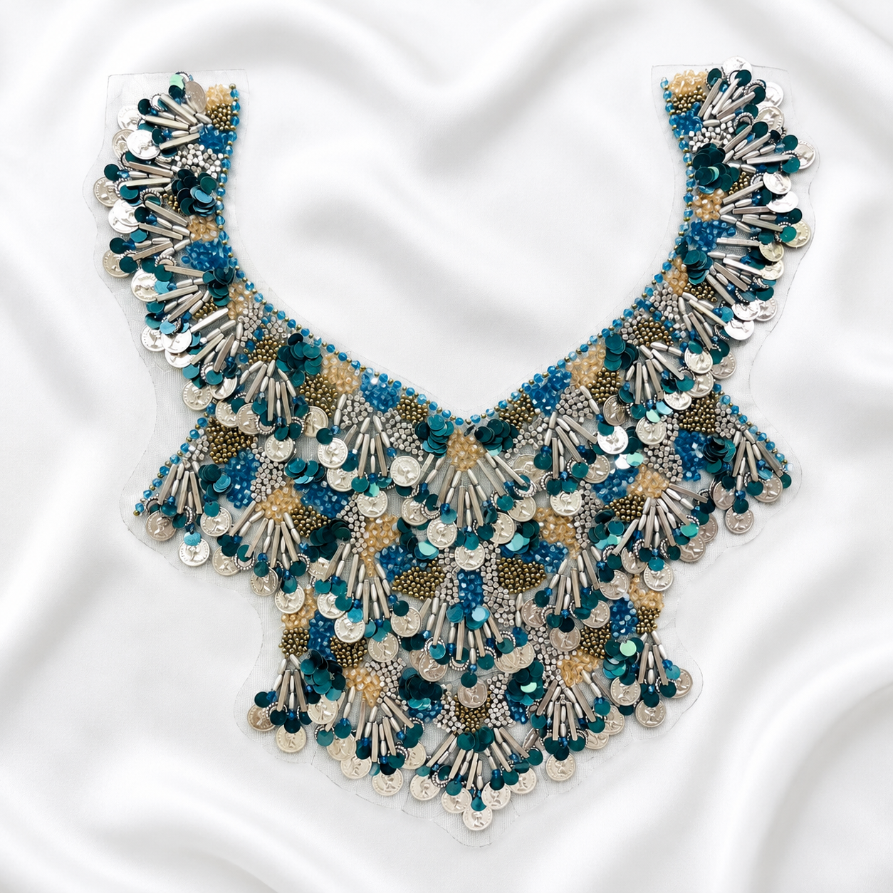 Embellished Sequin, Bead & Metallic Fringe Neckline Patch for Designer Wear