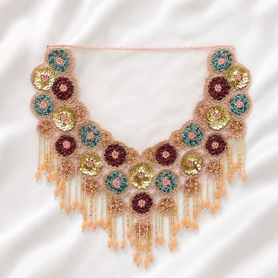 Handcrafted Floral Sequin & Beaded Fringe Neckline Patch for Bridal Wear