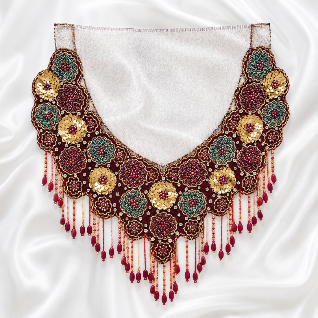 Handcrafted Floral Sequin & Beaded Fringe Neckline Patch for Bridal Wear