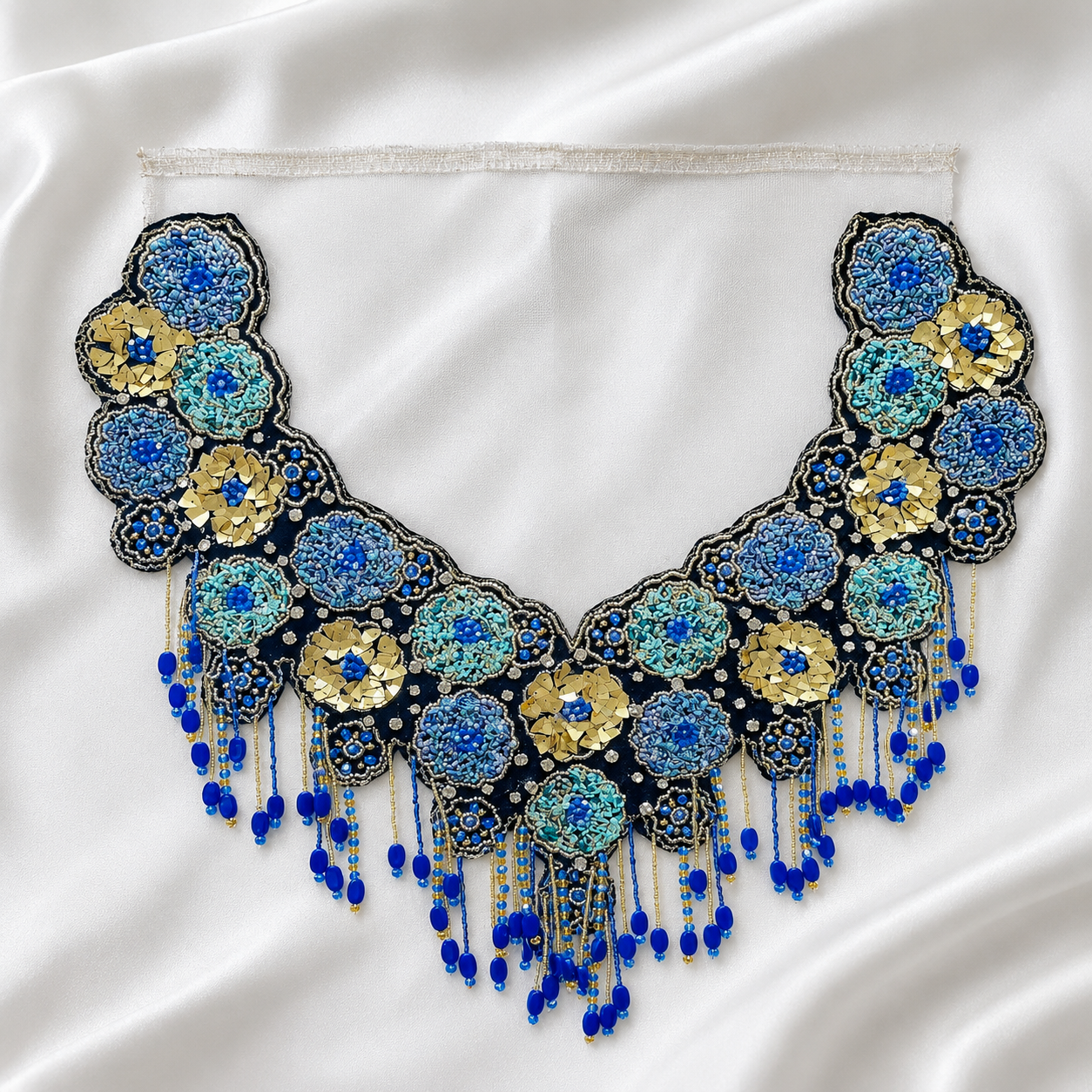 Handcrafted Floral Sequin & Beaded Fringe Neckline Patch for Bridal Wear