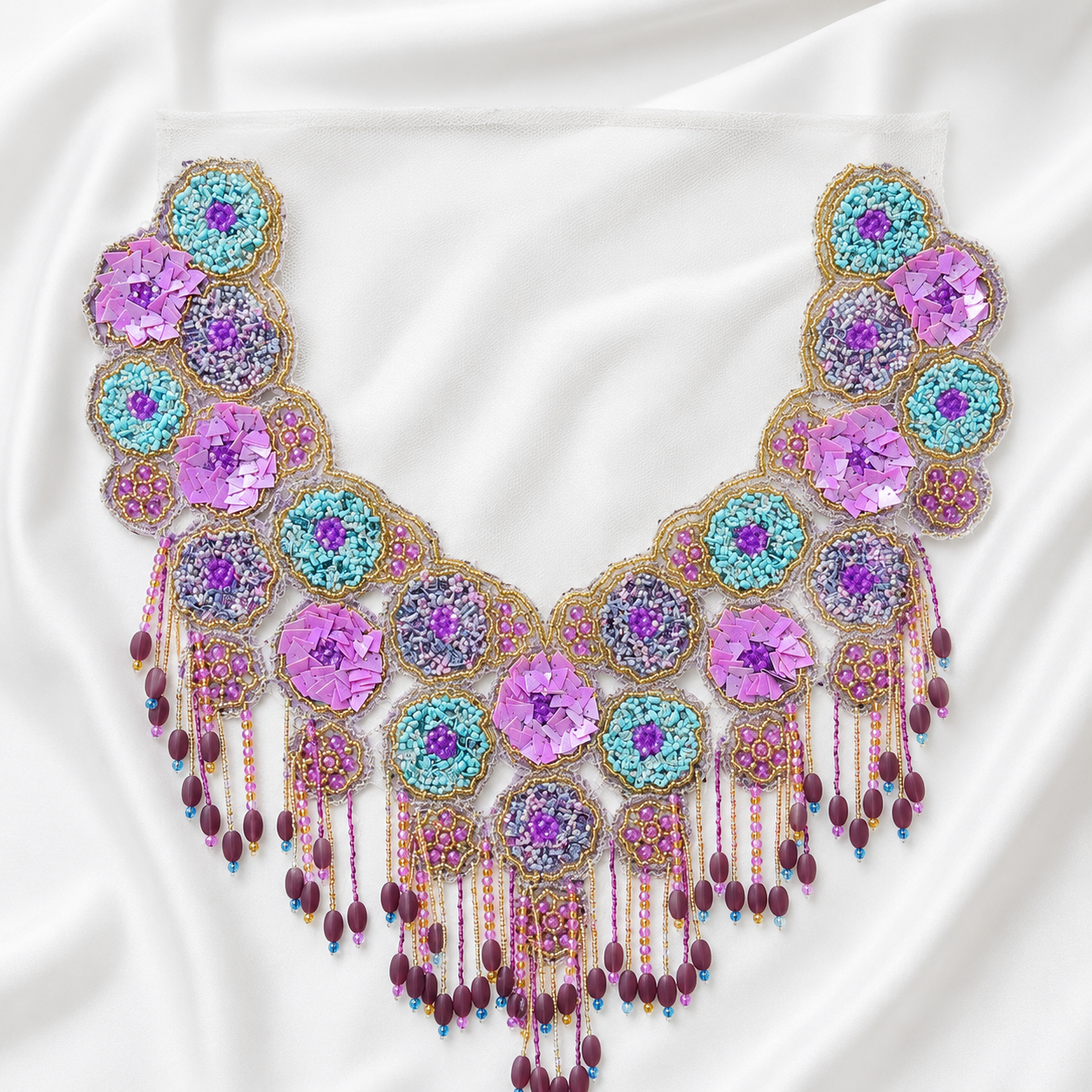 Handcrafted Floral Sequin & Beaded Fringe Neckline Patch for Bridal Wear