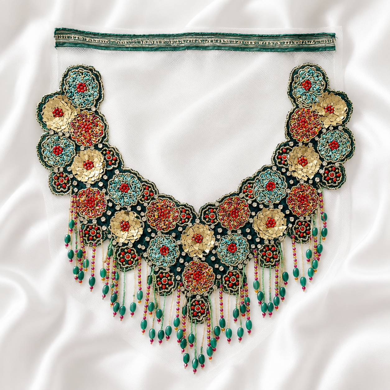 Handcrafted Floral Sequin & Beaded Fringe Neckline Patch for Bridal Wear