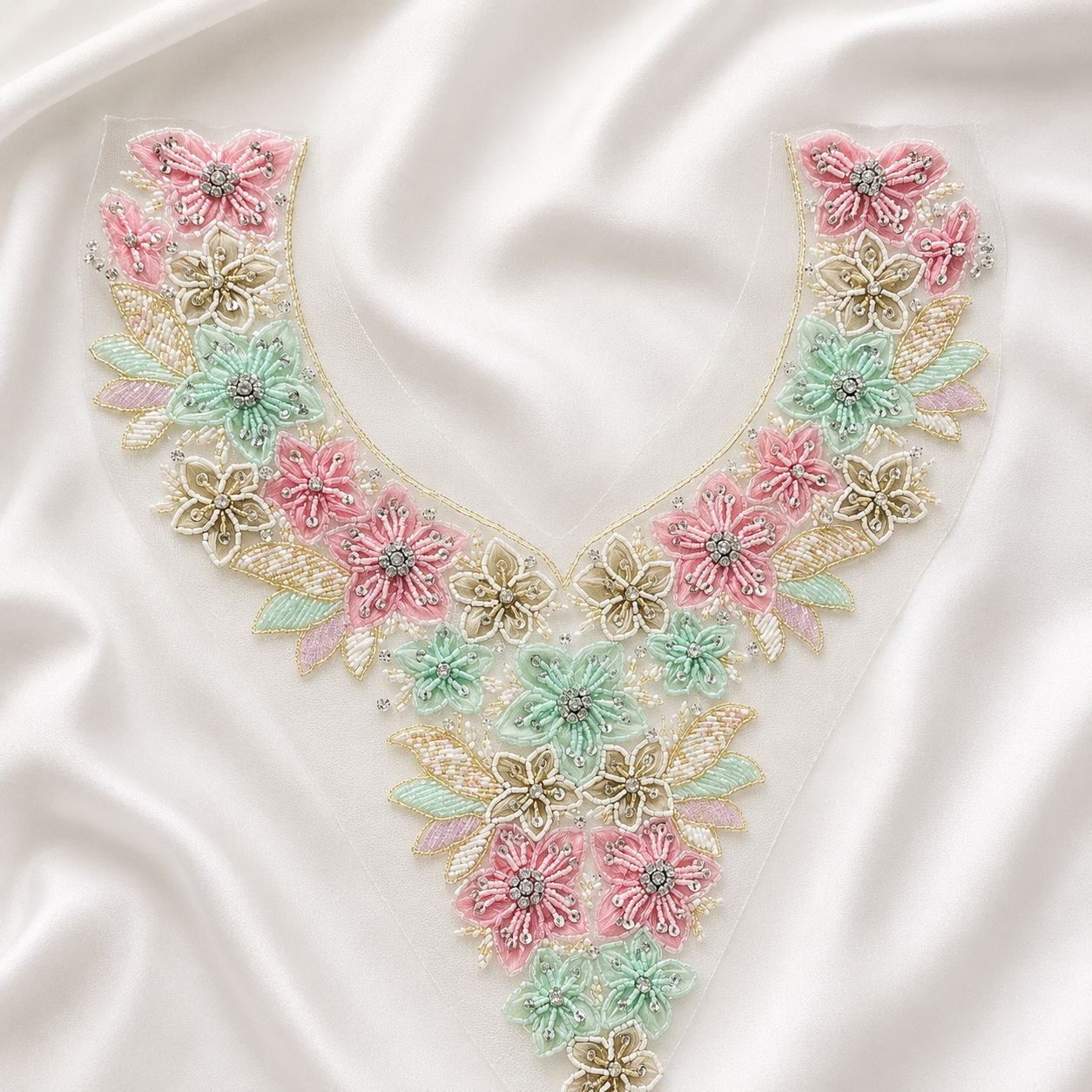 3D Floral Beaded Handwork Neckline Patch for Bridal & Designer Wear
