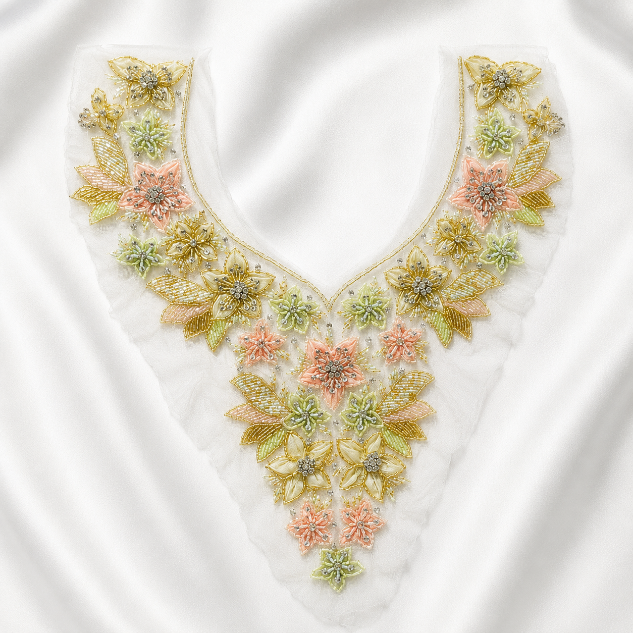 3D Floral Beaded Handwork Neckline Patch for Bridal & Designer Wear