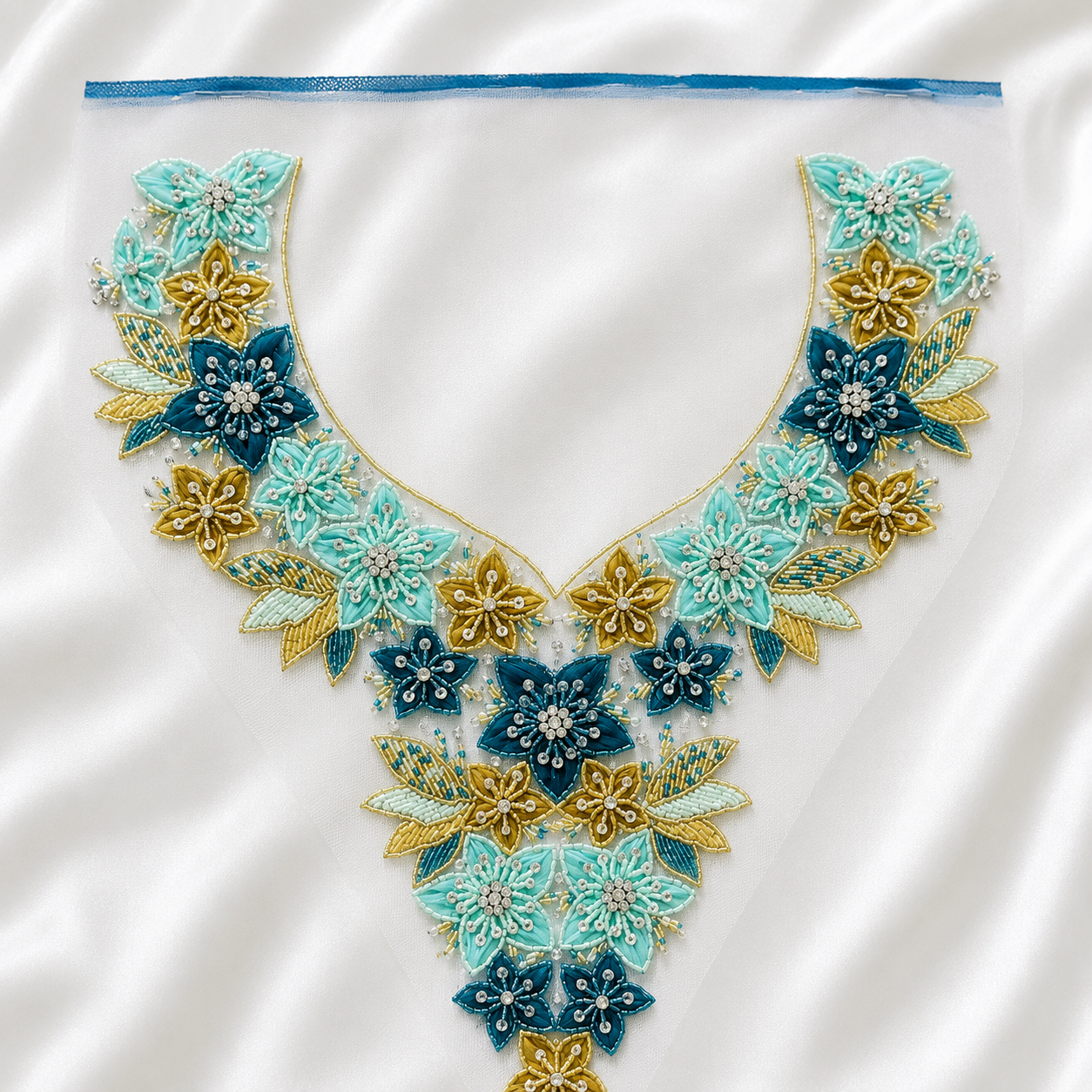3D Floral Beaded Handwork Neckline Patch for Bridal & Designer Wear