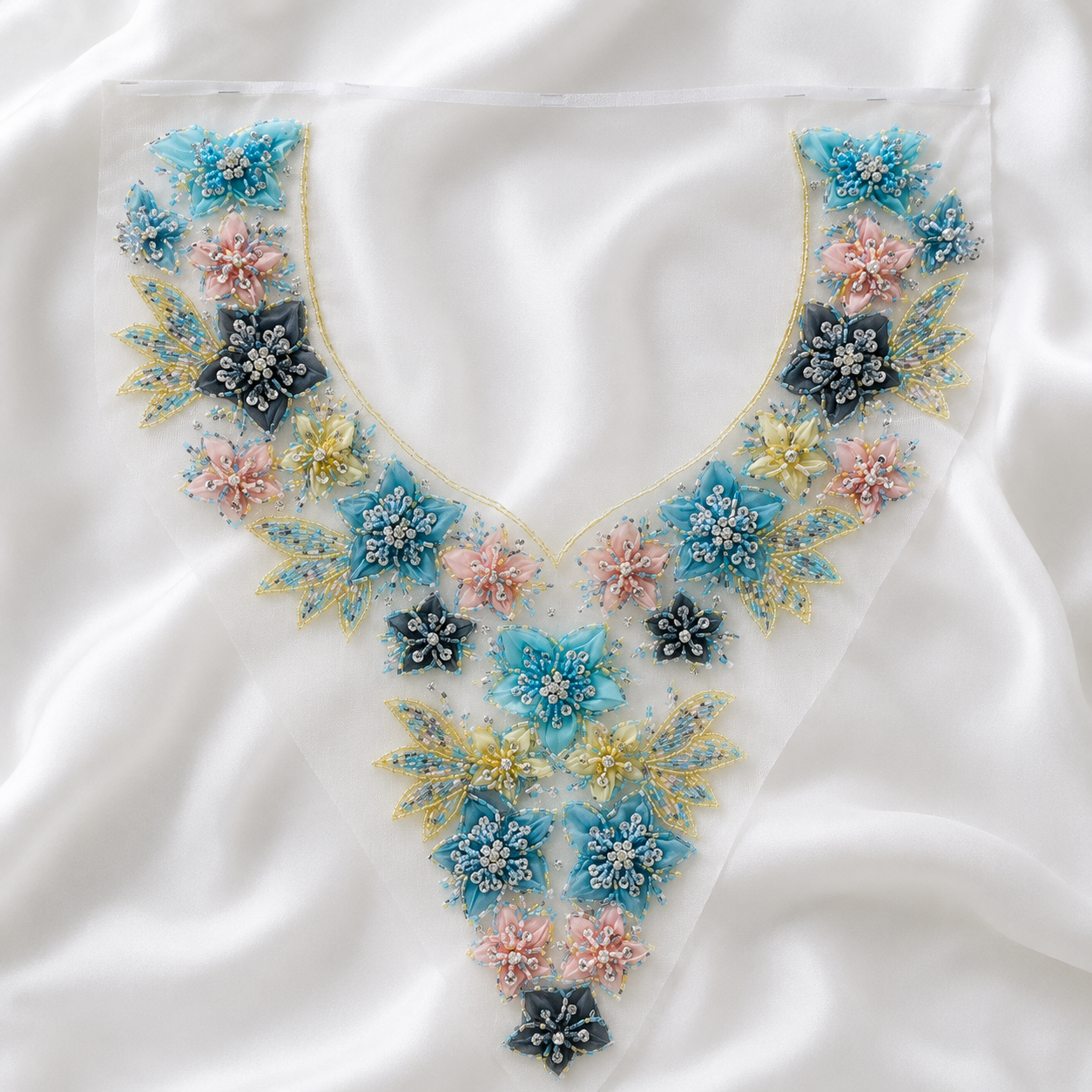 3D Floral Beaded Handwork Neckline Patch for Bridal & Designer Wear