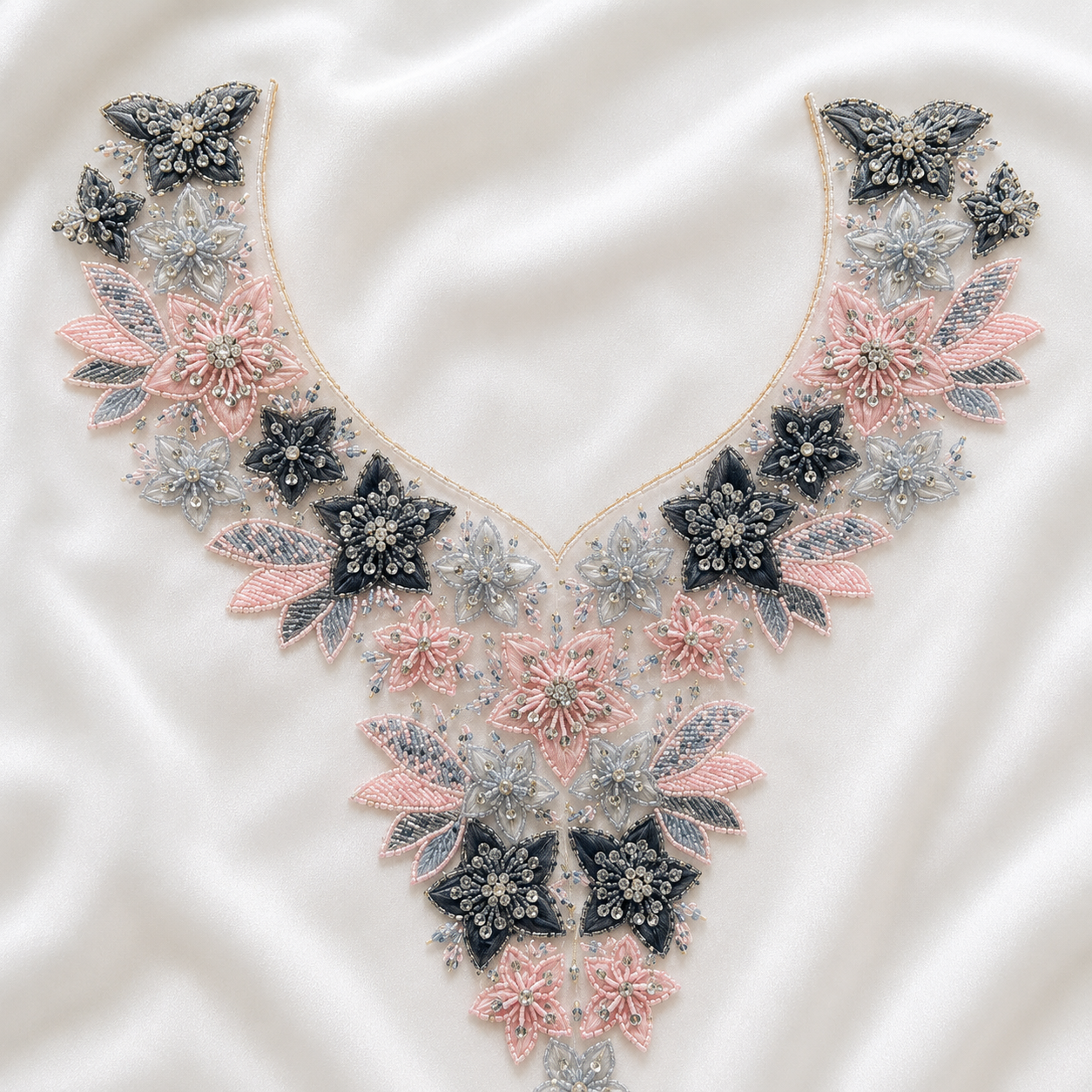 3D Floral Beaded Handwork Neckline Patch for Bridal & Designer Wear