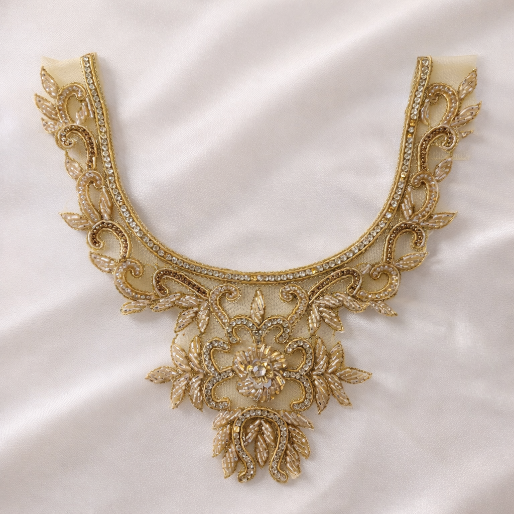 Heavy Embroidered Designer Neckline Patch with Beads & Stone Work