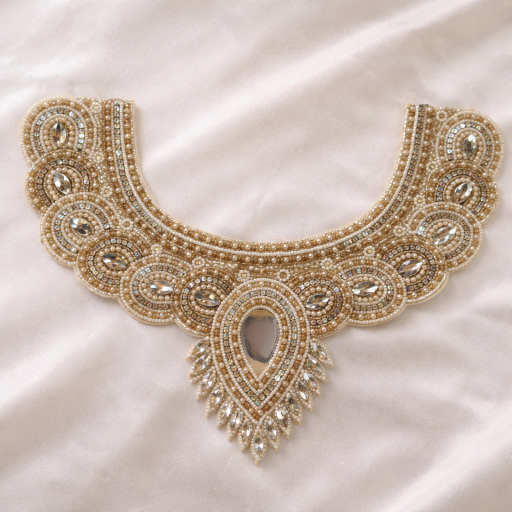 Luxury Bridal Neckline Patch with Heavy Stone, Pearl & Bead Work