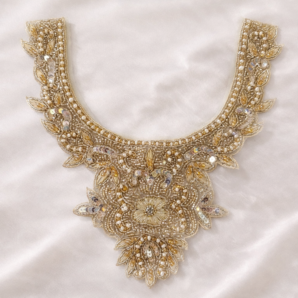 Intricate Embroidered Bridal Neckline Patch with Pearl, Sequin & Bead Work