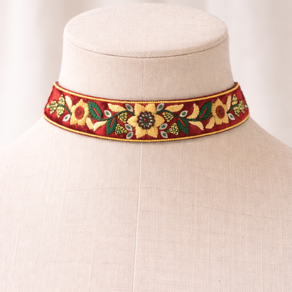 Embroidered Fabric Choker Necklace with Floral Thread Work