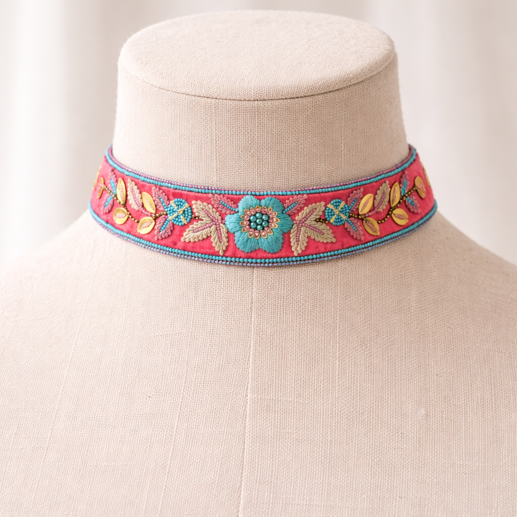 Pink Hand Embroidered Floral Fabric Choker Necklace with Beads & Thread Work