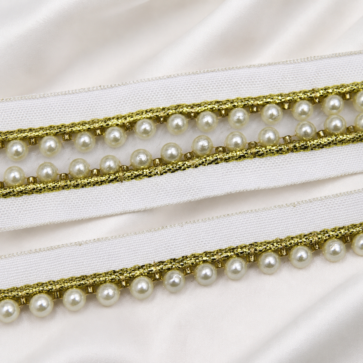 Pearl Bead Lace Trim with Metallic Embroidered Border for Ethnic & Designer Wear