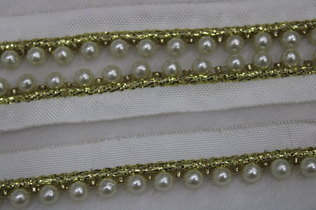 Luxurious Gold Zari and White Pearl Lampi Trim