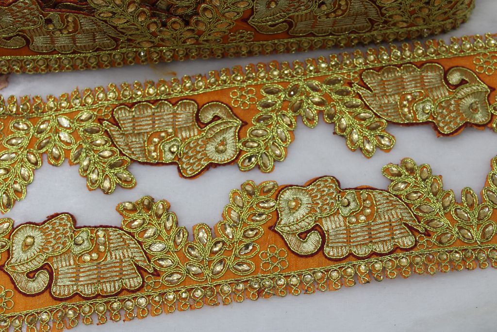 Elegant Orange Elephant Zari and Stone Lace Trim