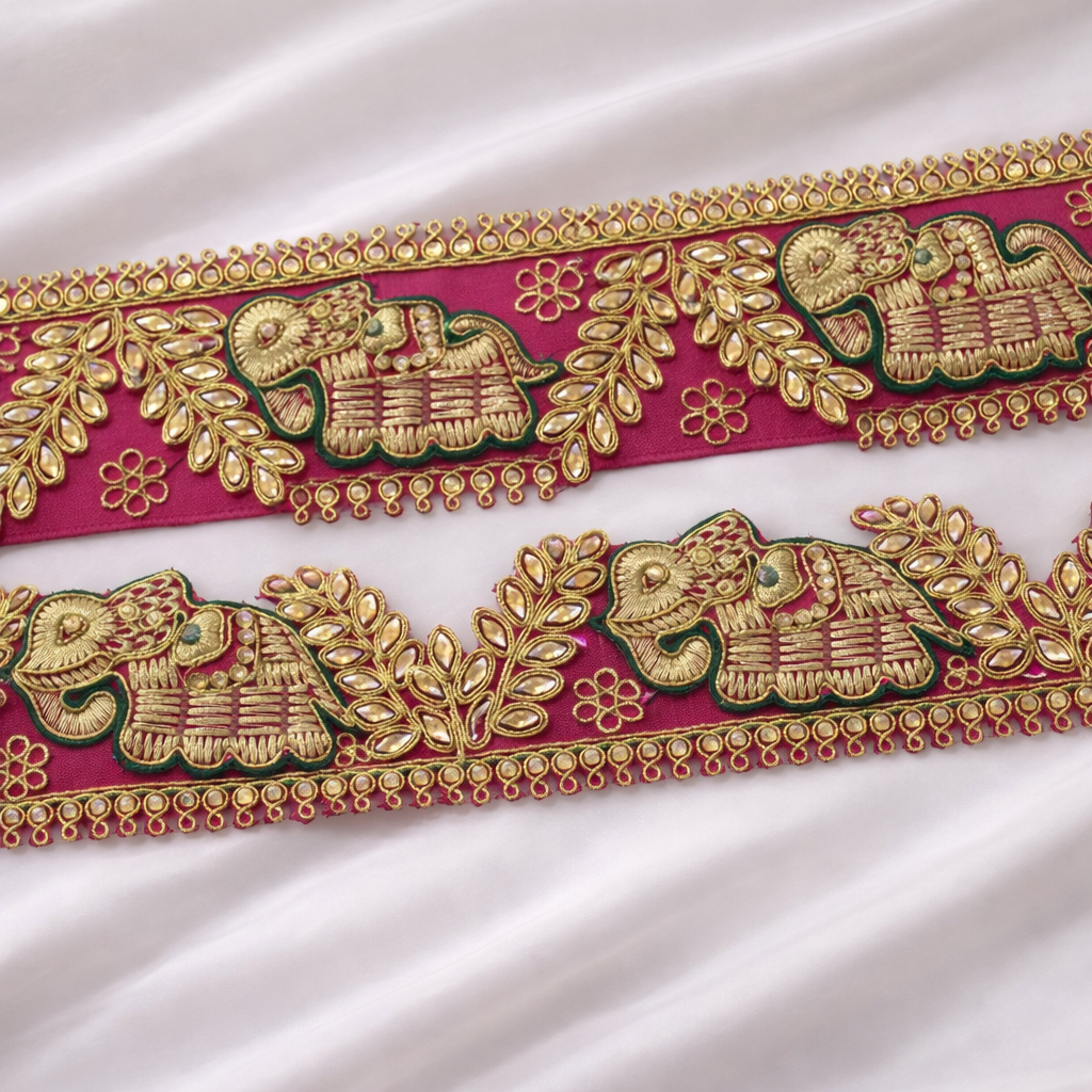 Vibrant Elephant Motif Zari Trim