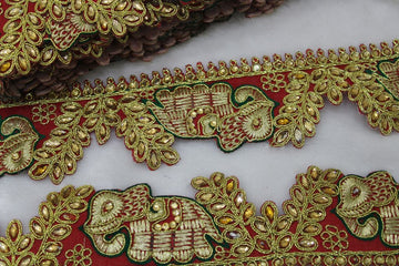 Vibrant Red Elephant Motif Zari Trim