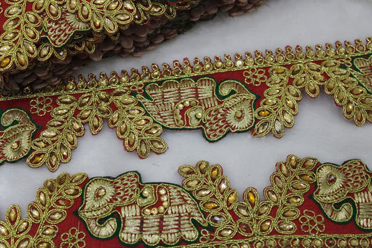 Vibrant Red Elephant Motif Zari Trim