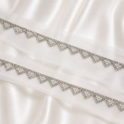 Pearl Triangle Embellished Net Lace Border Trim for Designer Wear
