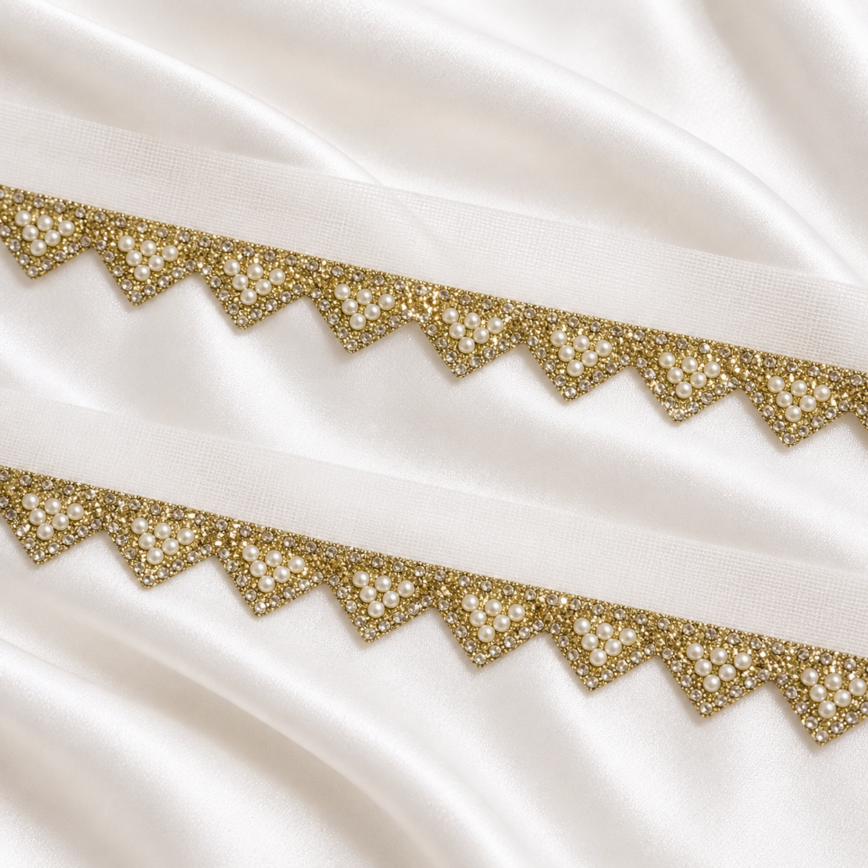 Pearl Triangle Embellished Net Lace Border Trim for Designer Wear