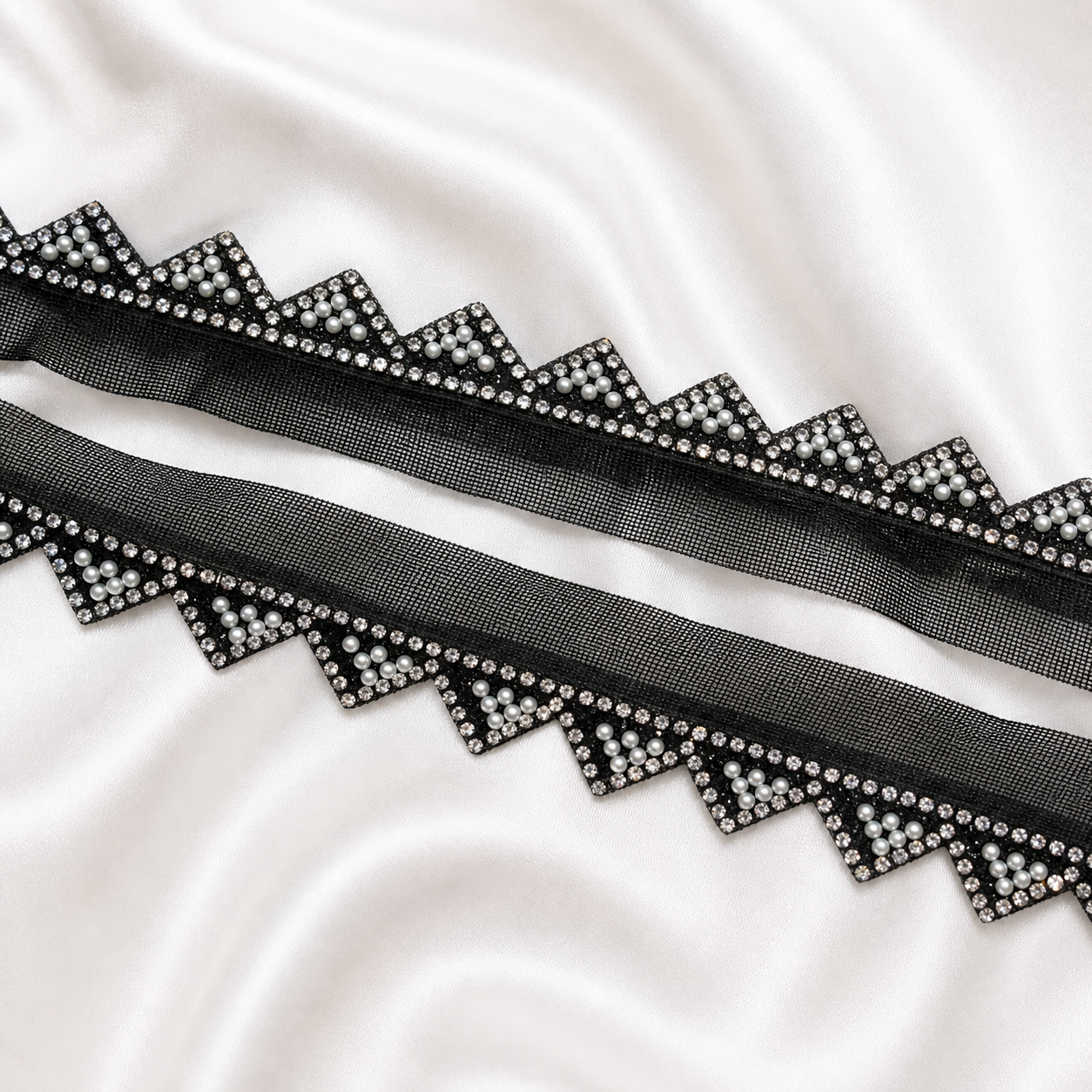 Pearl Triangle Embellished Net Lace Border Trim for Designer Wear
