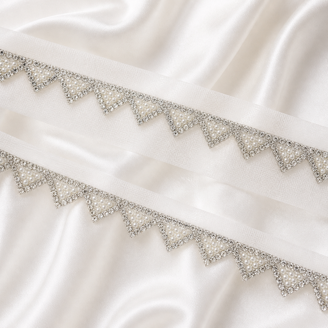 Pearl Triangle Embellished Net Lace Border Trim for Designer Wear