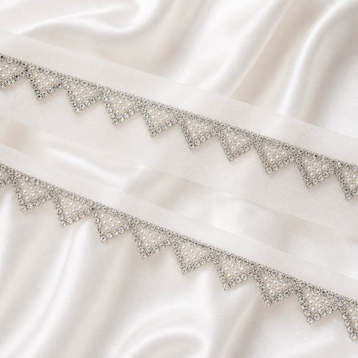 Pearl Triangle Embellished Net Lace Border Trim for Designer Wear