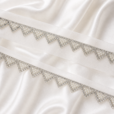Pearl Triangle Embellished Net Lace Border Trim for Designer Wear hover image