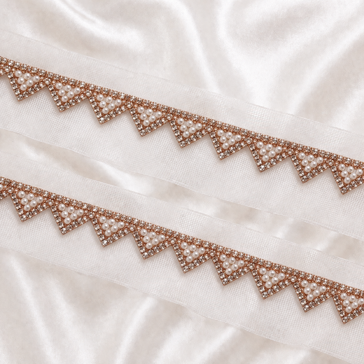 Pearl Triangle Embellished Net Lace Border Trim for Designer Wear