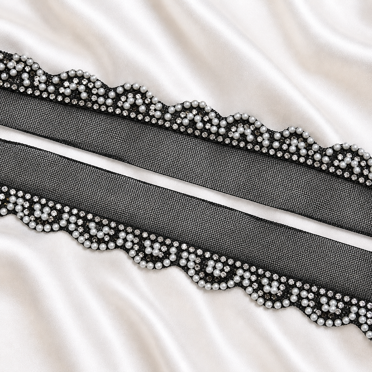 Pearl and Stone Embellished Scallop Net Lace Border Trim