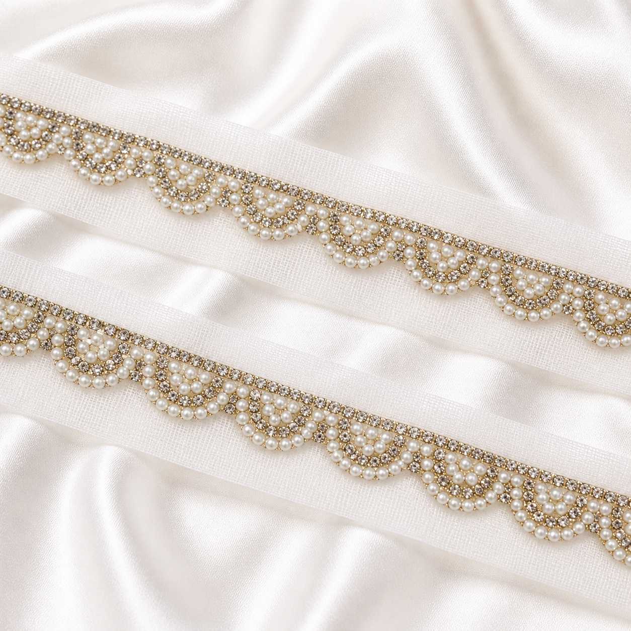 Pearl and Stone Embellished Scallop Net Lace Border Trim