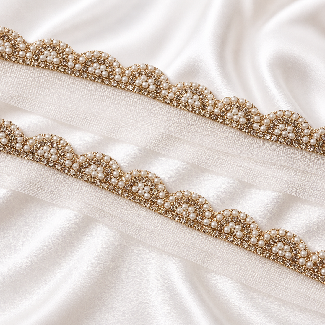 Pearl and Stone Embellished Scallop Net Lace Border Trim