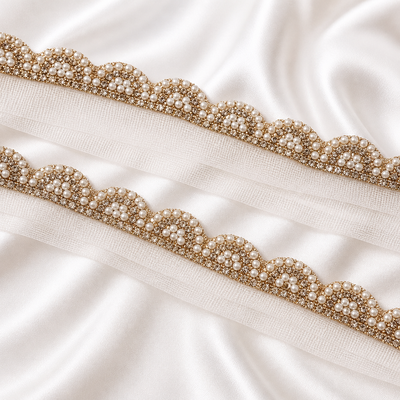 Pearl and Stone Embellished Scallop Net Lace Border Trim hover image