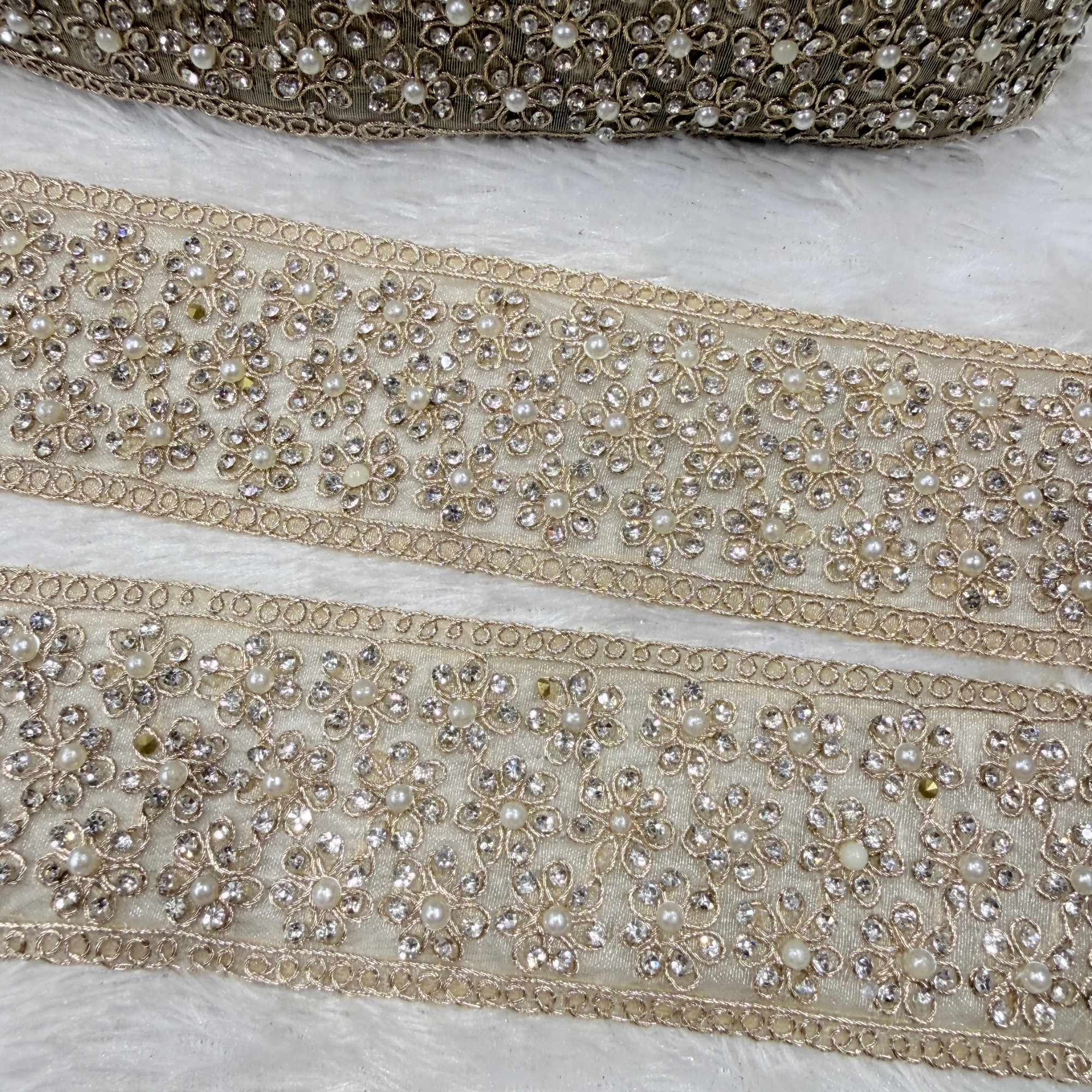 Pearl & Floral Stone Work Embroidered Lace Border for Bridal & Designer Wear